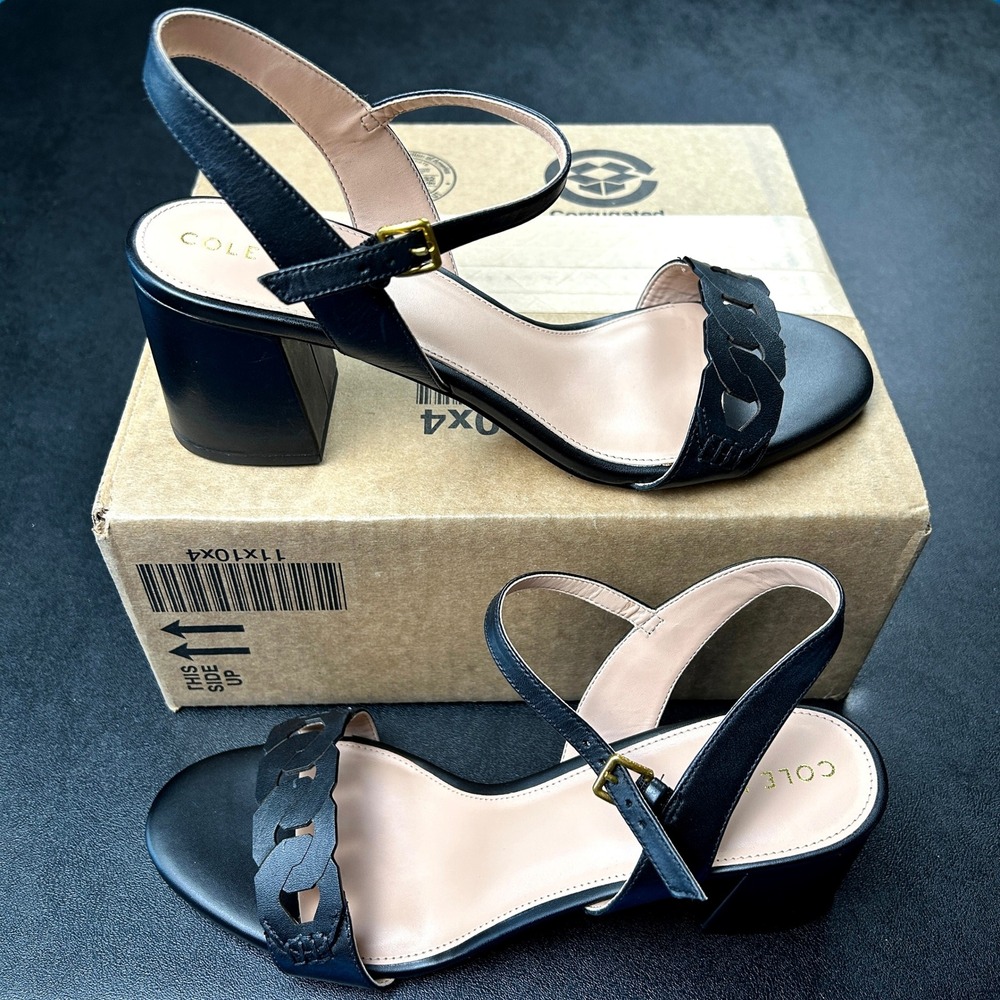 Cole Haan Josie Chain Womens Size 9 Block Heel Sandals Black Leather W29292